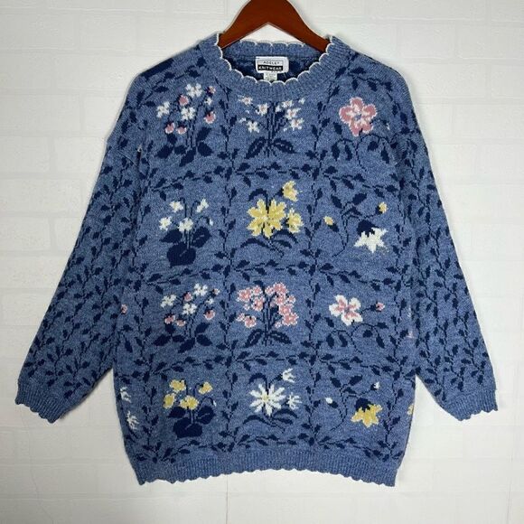 Vintage Adele Knitwear Women’s Blue Floral Knit Sweater Size Large - Picture 1 of 14